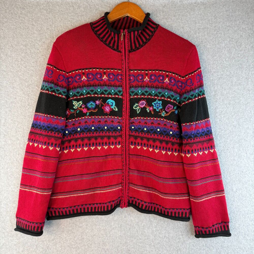Koret Vintage 90s Red Knit Floral Zip Up Long Sleeve Sweater Size M Grandma Core